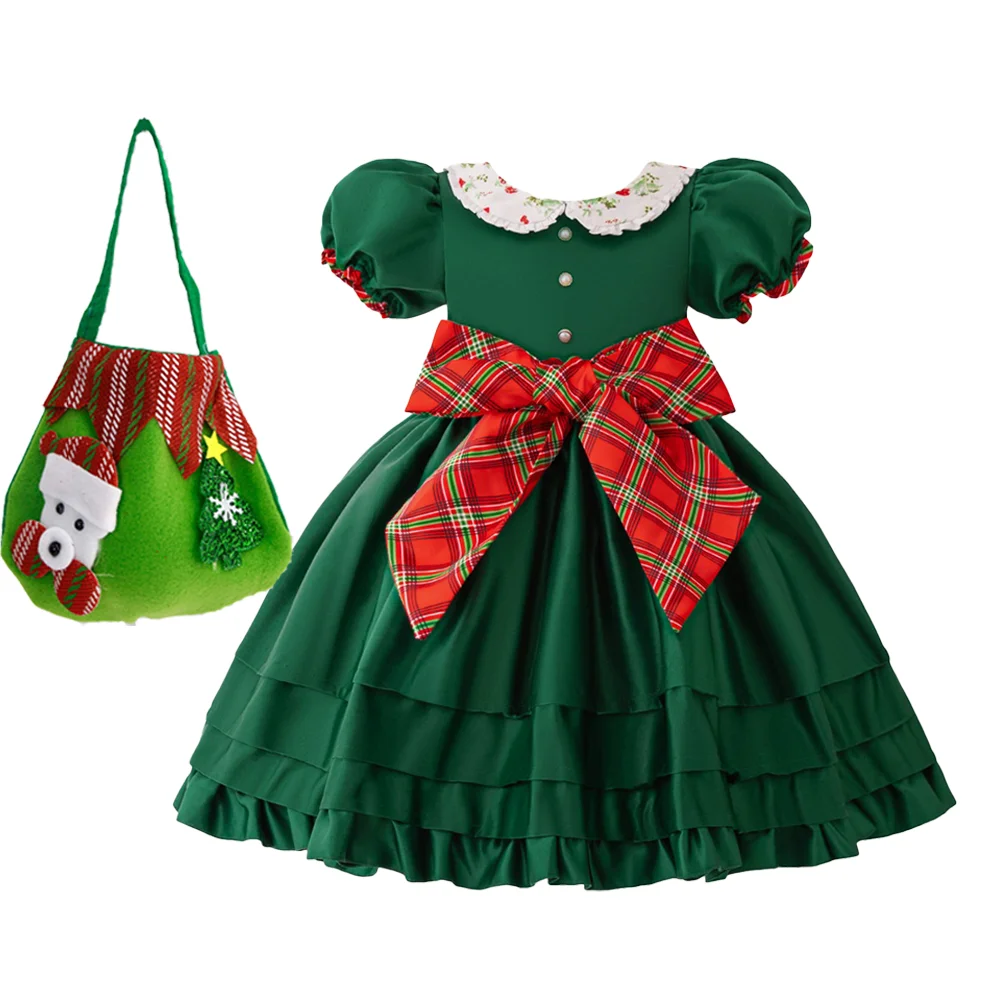 Girls Big Bow Christmas Carnival Party Dress Kids Vintage Green Santa Claus Gift For Girl Young Red Lattice Princess New Gown