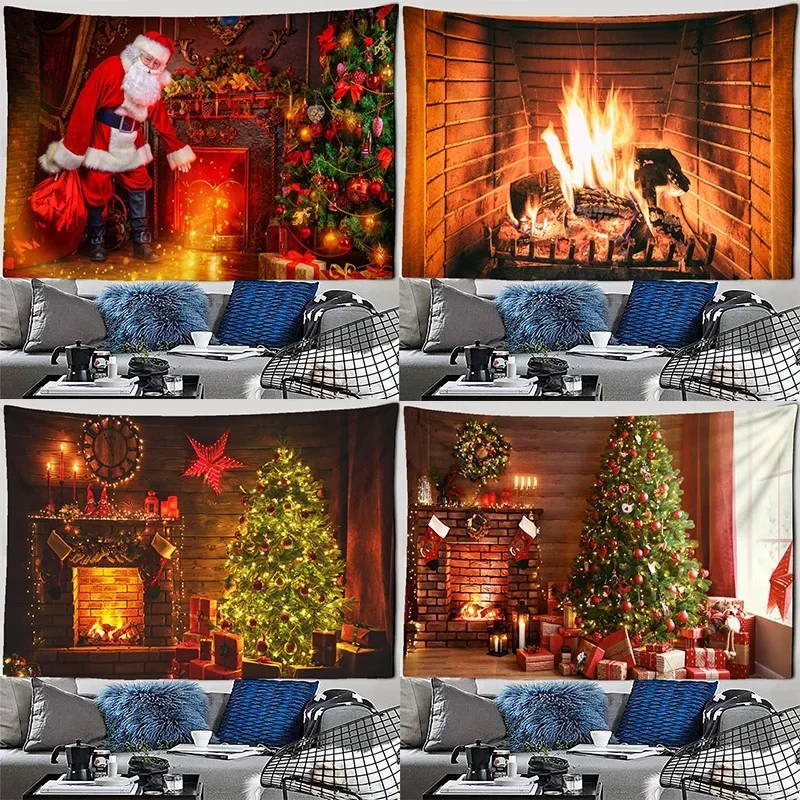 Indoor Living Room Home Wall Christmas Tree Fireplace Pattern Tapestry