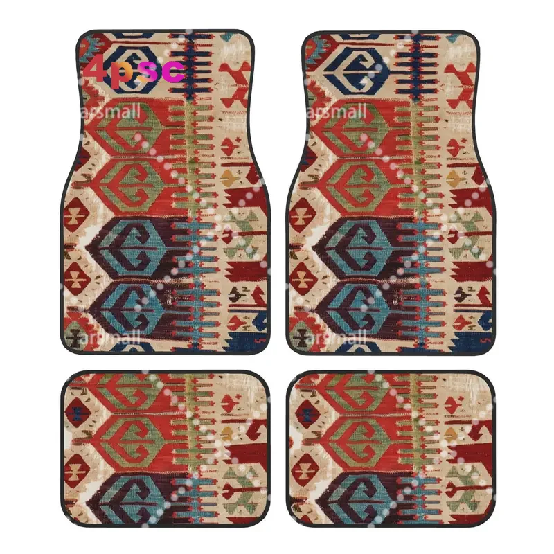 Car Floor Mats 4 Pcs Crystal Velvet Aksaray Tribal Antique Turkish Kilim Front Rear Foot Mats Bohemian Ethnic Art Pieces Auto