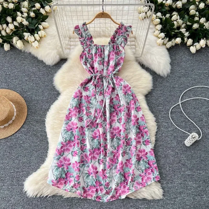 Broken Flower Vestidos Sweet Holiday Women 2025 Vestido Lace-up Tunic Dresses Summer Dress Sleeveless Clothing