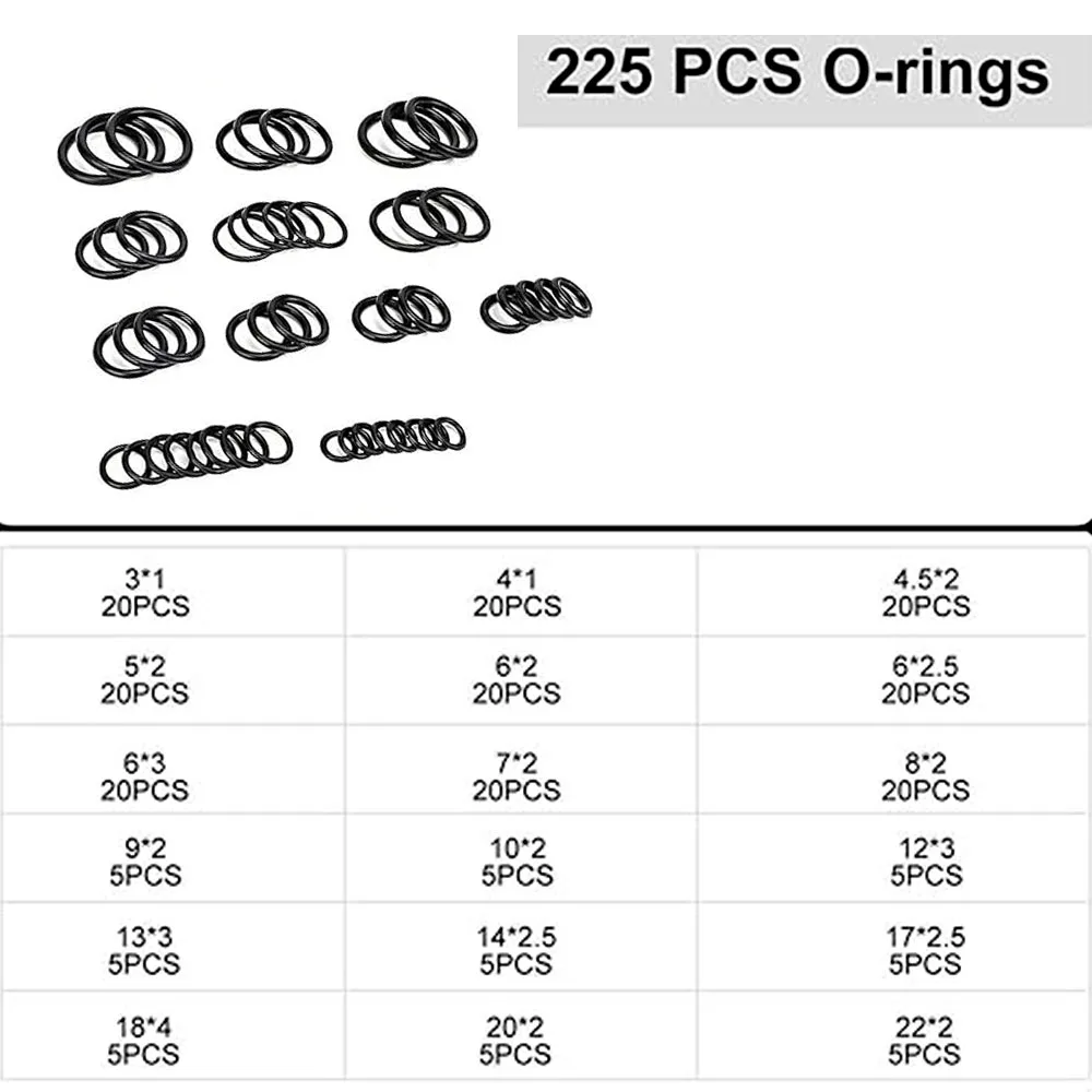 225 قطعة/الحقيبة المطاط الأسود يا الدائري تشكيلة غسالة طوقا ختم O-حلقة عدة 18 أحجام