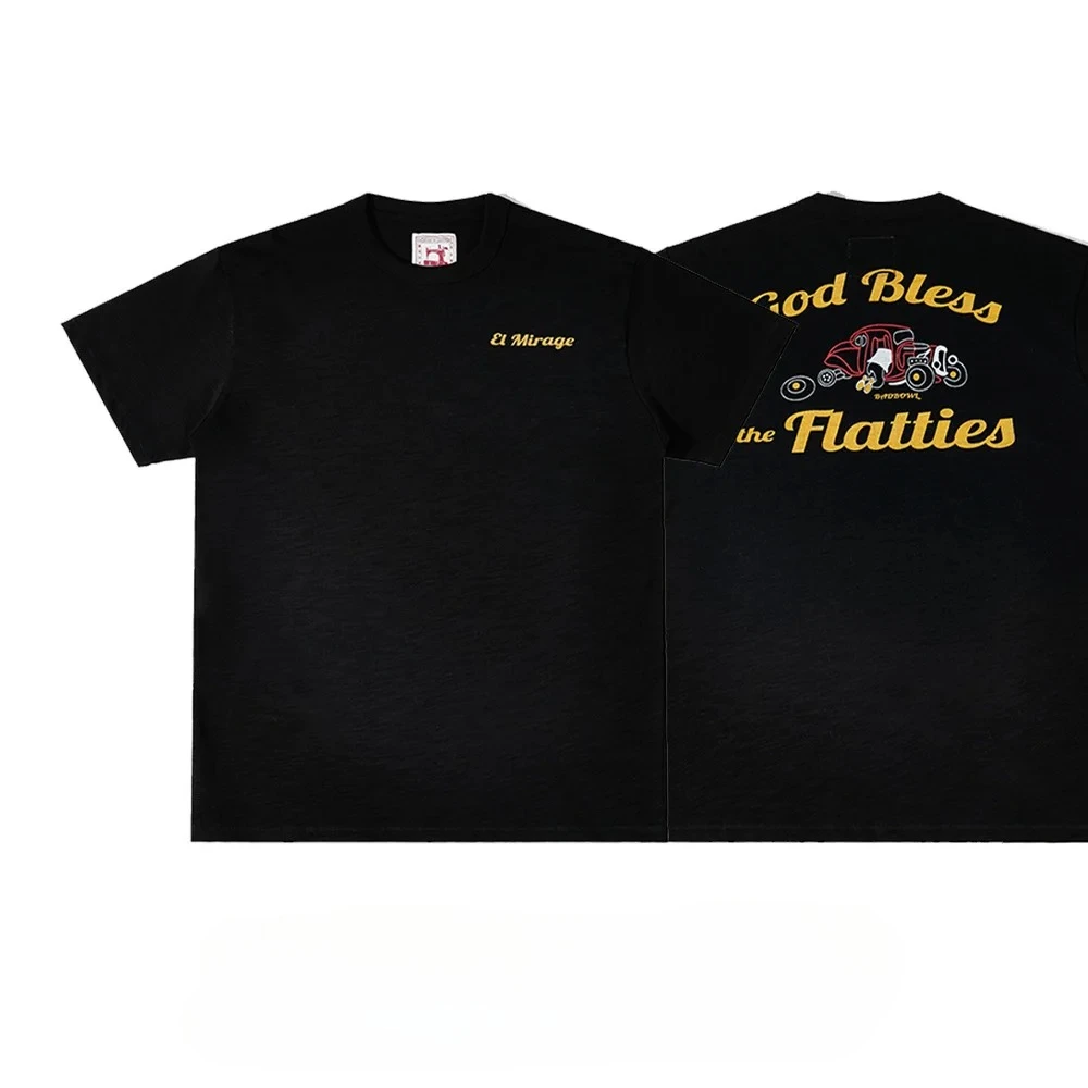 260G Amikaji Motorcycle Culture Retro T-shirt God Bless V8 Engine Racing Print Round Neck Short