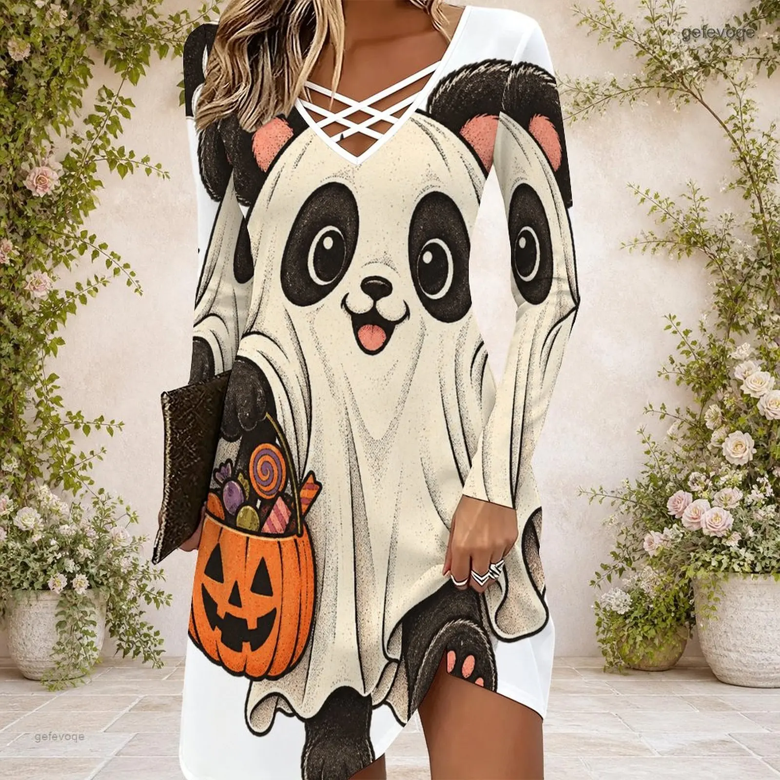 Women Long Sleeve Mini Dress Criss Cross V Neck Irregular Slit Hem Slim Fit Custom Print Ladies Party Dress