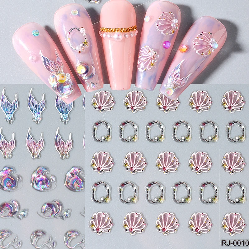 1 Sheets 5D Embossed Nail Stickers Jellyfish Shellfish Dreamy Ocean Animal World Nails Design Summer Sea Manicure Decor