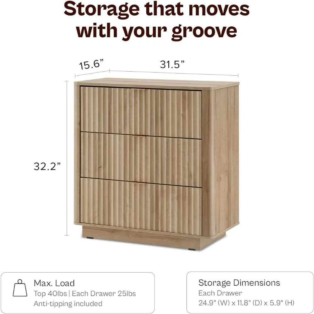 mopio Brooklyn 3-Drawer Dresser Fluted Dresser for Bedroom Child-Safe Interlocking Drawers Modern Farmhouse Dresser Oak 31.5