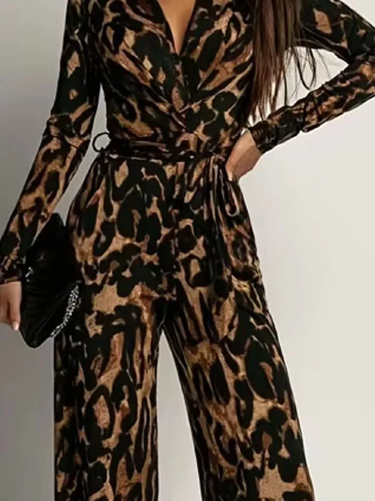 

Осенние модные длинные комбинезоны с леопардовым принтом, женские повседневные свободные вечерние комбинезоны с высокой талией, элегантные комбинезоны с v-образным вырезом на шнуровке на талии