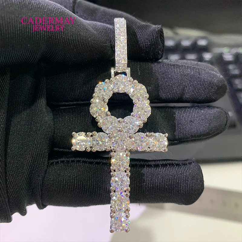 Hiphop Jewelry Custom Made 925 Silver Iced Out 6mm Round Shape D VVS Moissanite Ankh Cross Pendant Moissanite Pendant