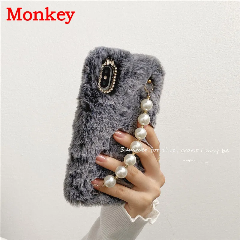Luxury Pearl Fluffy Plush Wrist Strap Silicone Cases For Redmi Note 10 Pro 10S 9 8 7 pro 9S 9T 8T 9A 9C 8A 7A Poco F3 X3 NFC M3