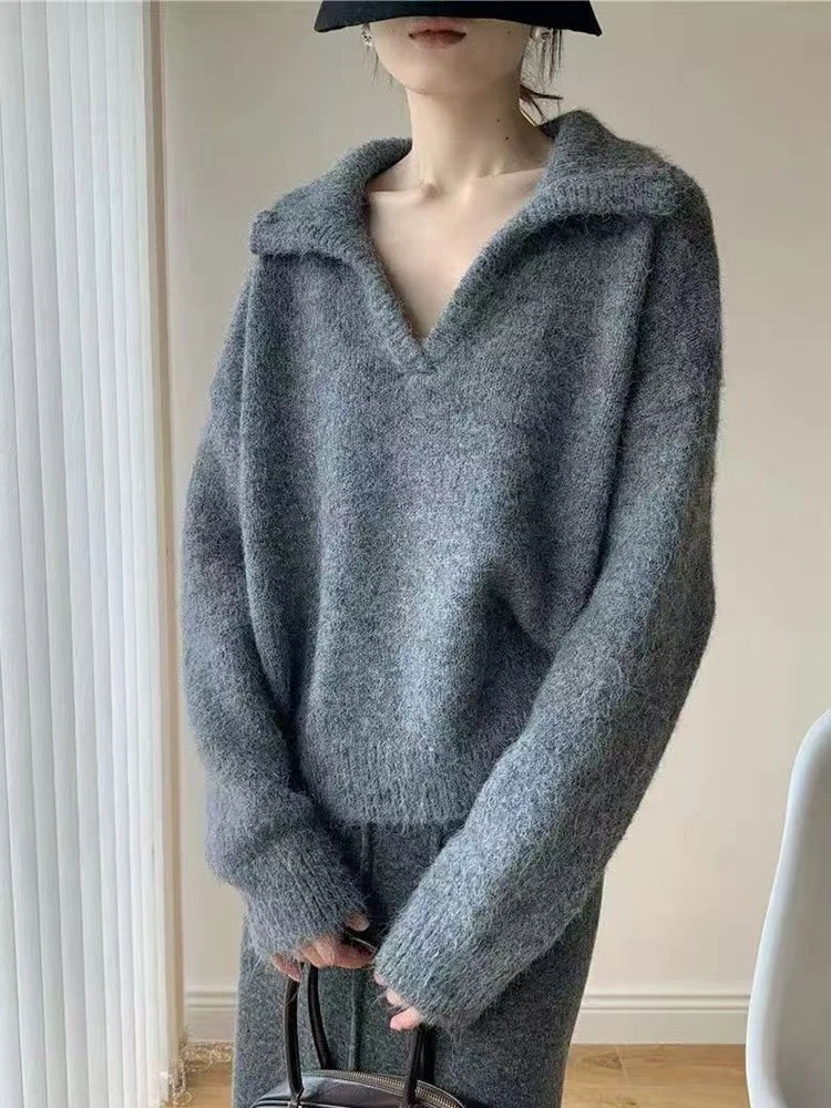 Gray Sweater Women Loose Harajuku Lazy Wind V Neck Knitted Pullover Casual Long Sleeve Retro Fall Winter Female Jumper
