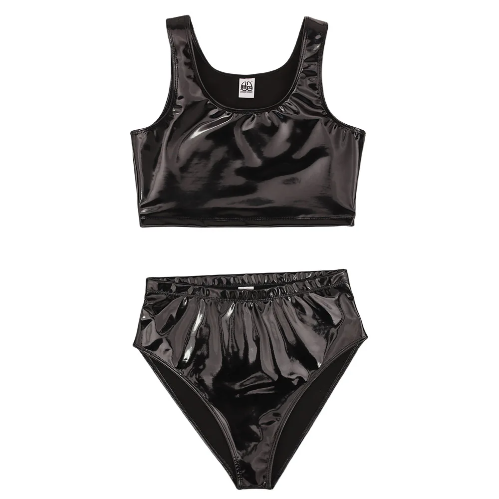 Gilet court Sexy en cuir PU brillant, sous-vêtements taille haute, Corset, haut court, short, slip, coupe haute, culotte de Bikini en PVC, gilet