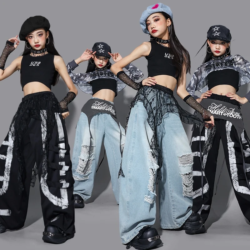 

Одежда для джазовых танцев для девочек, черный укороченный топ, брюки-ташины, детский костюм Kpop для сценического выступления, одежда для уличных танцев в стиле хип-хоп AMY2634