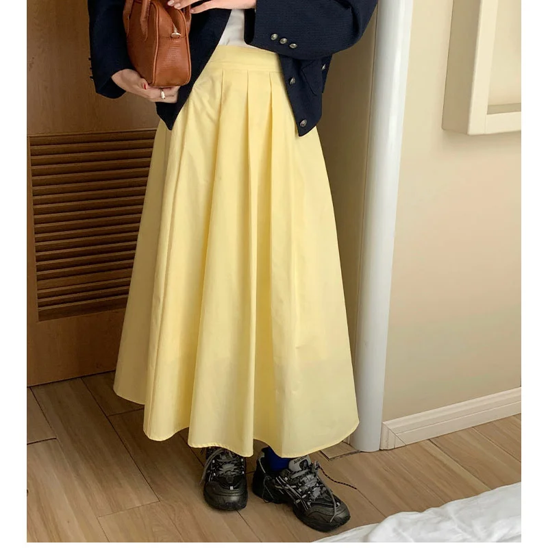 

Women Yellow Skirts Ladylike Cotton Clothes Spring Female 2024 College Style High Waist Mid-length Pleated Umbrella Skorts Fresh