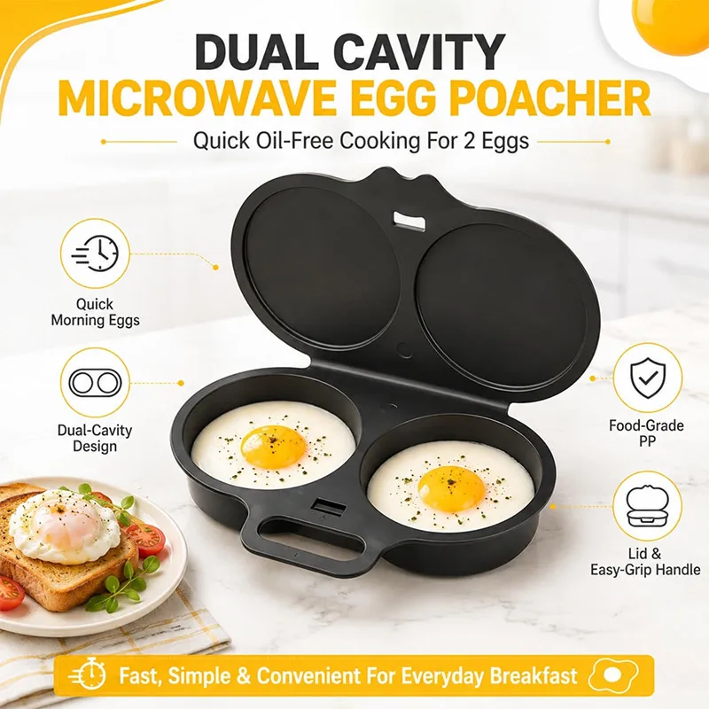 Portable 2‑Hole Microwave Egg Poacher Cooker Grey Plastic Egg Steaming Frying Mold With Lid Handle Quick Breakfast Egg Container