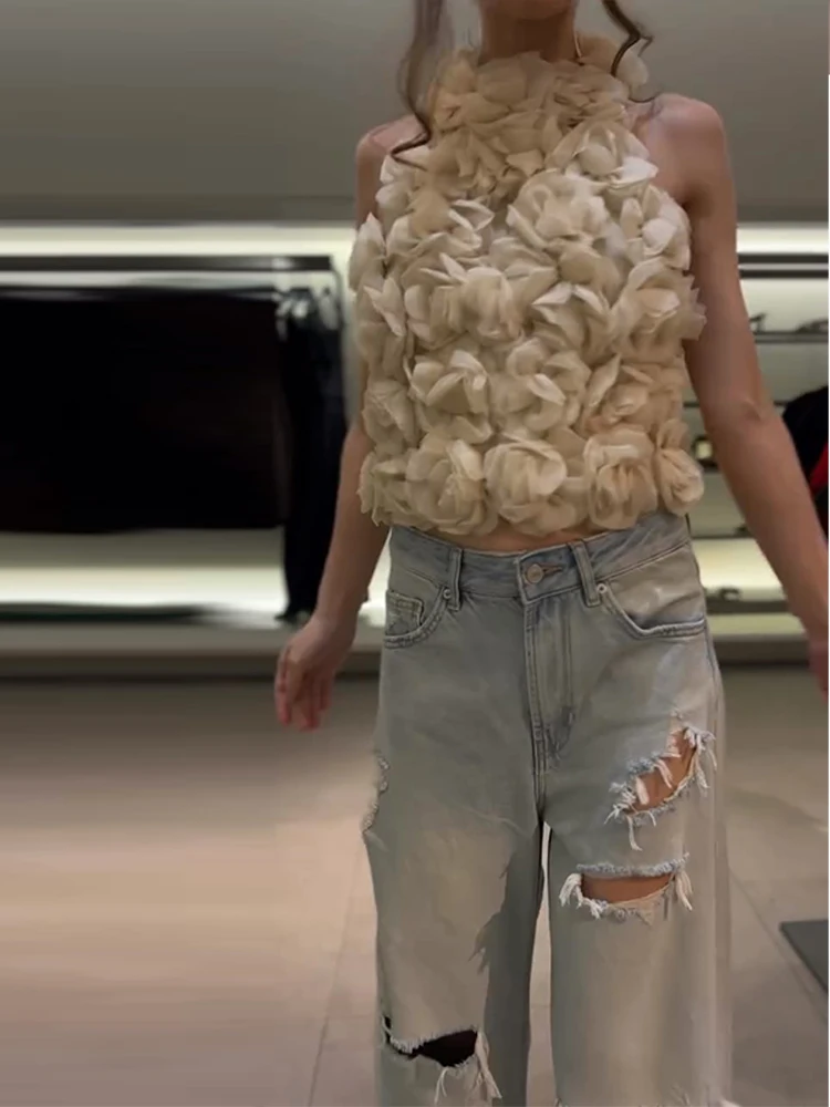 

Летний шикарный укороченный топ с 3D цветочным принтом и аппликацией, без рукавов, с завязками на шее, элегантная романтическая блузка для отпуска, свиданий и вечеринок, женская модель 2026 года