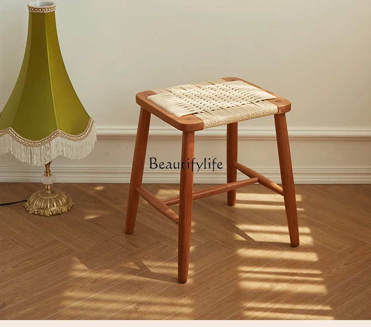 

Japanese-Style Solid Wood Dressing Stool Nordic Bedroom Square Stool Modern Minimalist Advanced Chair for Shoes Changing