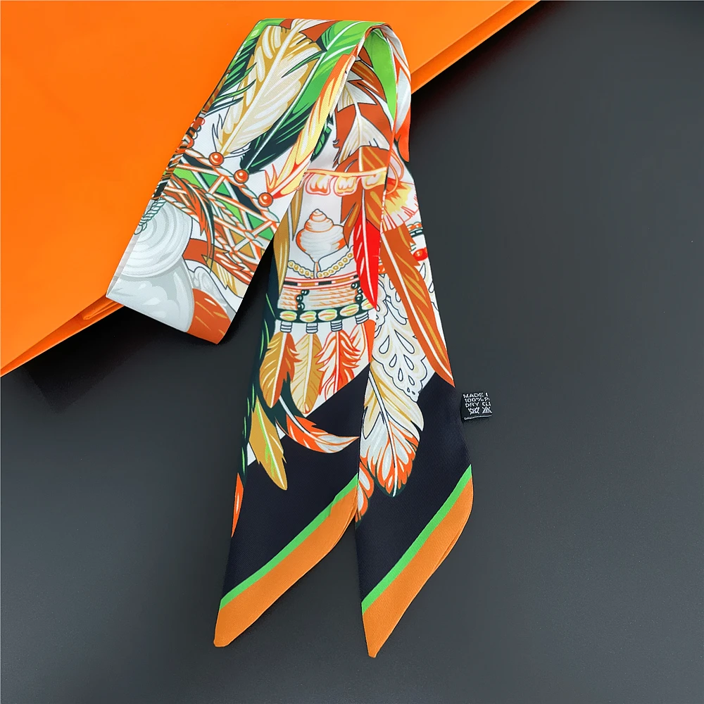 Brand Indian Feather Bag Scarf 2024 New Design Women Luxury 100% Silk Scarf Fashion Headband Skinny Hair Scarves Neckerchief