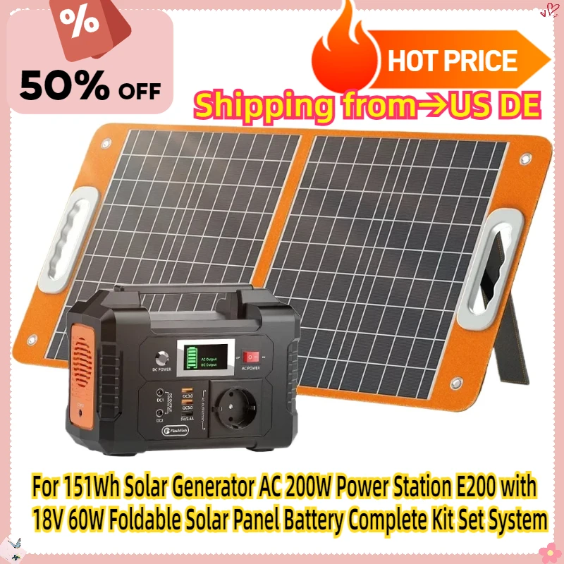 For 151Wh Solar Generator AC 200W Power Station E200 with 18V 60W Foldable Solar Panel Battery Complete Kit Set System