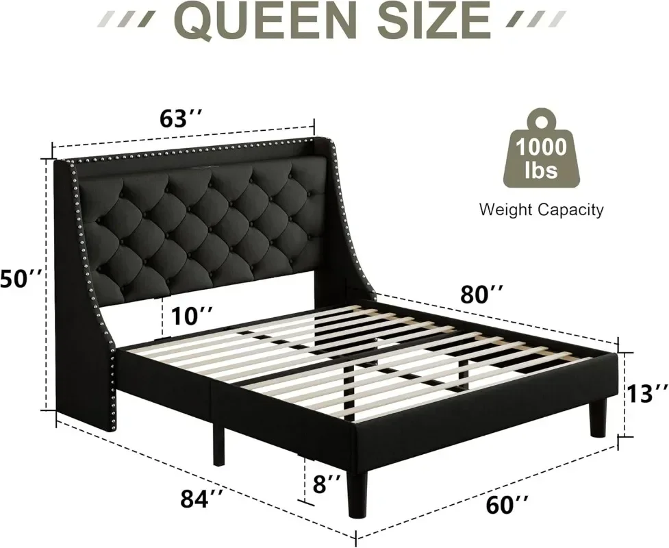 Queen Bed Frame with Luxury Wingback and Fast Charging Station Upholstered Button Tufted Storage Headboard Platform Bed Black