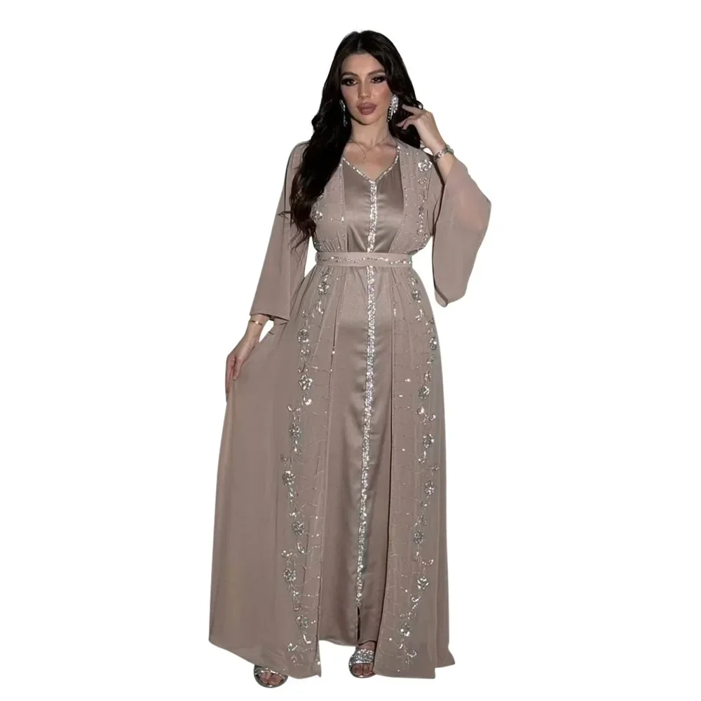 Muslimischen Set Kleid Frauen Vier-saison Pendeln Muslimischen Set Mode Party Dubai Türkei Langarm Chiffon Strickjacke Kleid und weste 2 teile