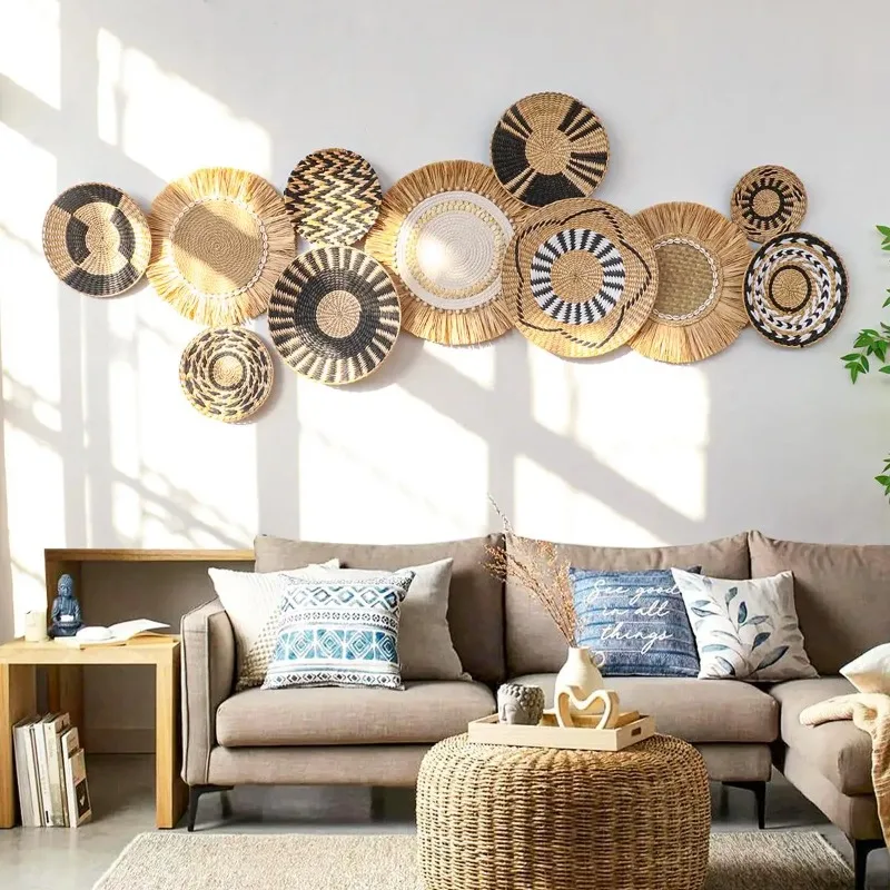 Japanese Wabi-Sabi Style Handmade Straw Tapestry Raffia Grass Wall Hanging Art Decorative Mural for Entryway Background