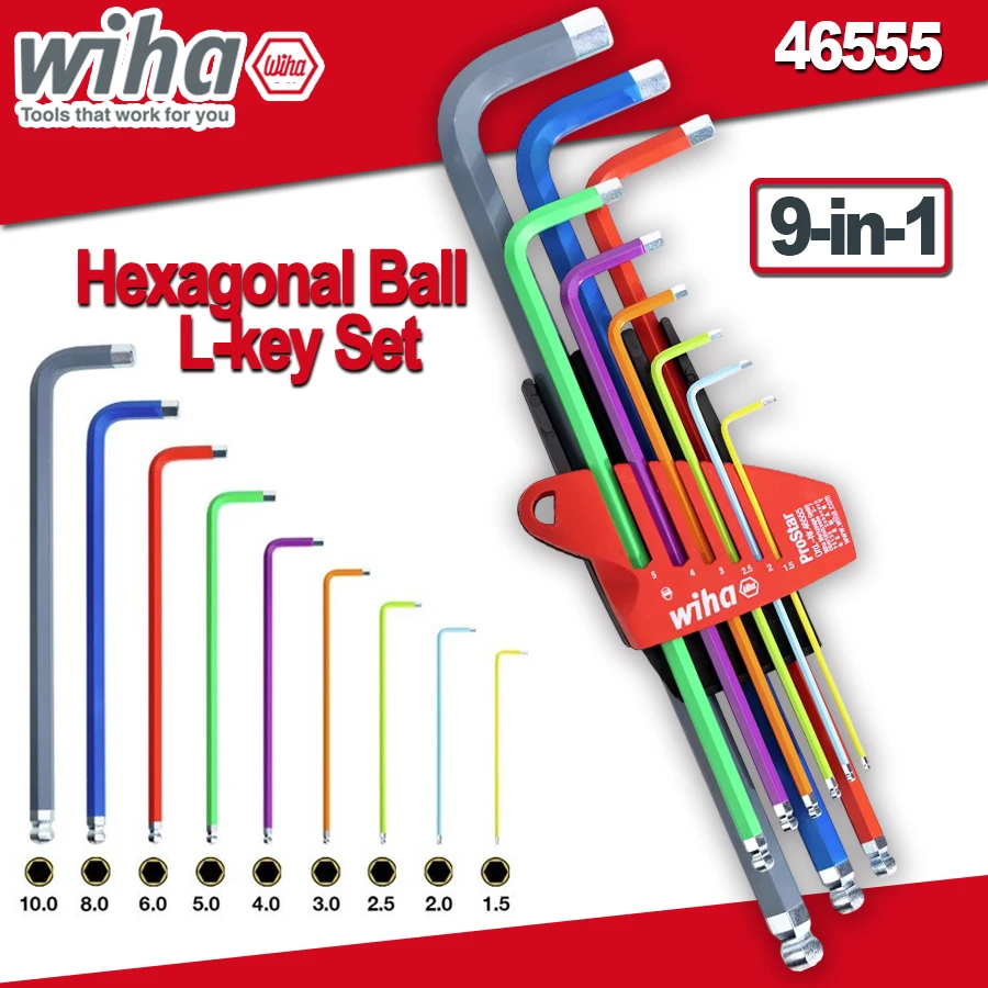 Wiha Hex Bar Ball point L-Wrench Set 9 Pcs Hexagonal ball L-key Set in ProStar Holder in Luminescent Colour Hand Tool NO.46555