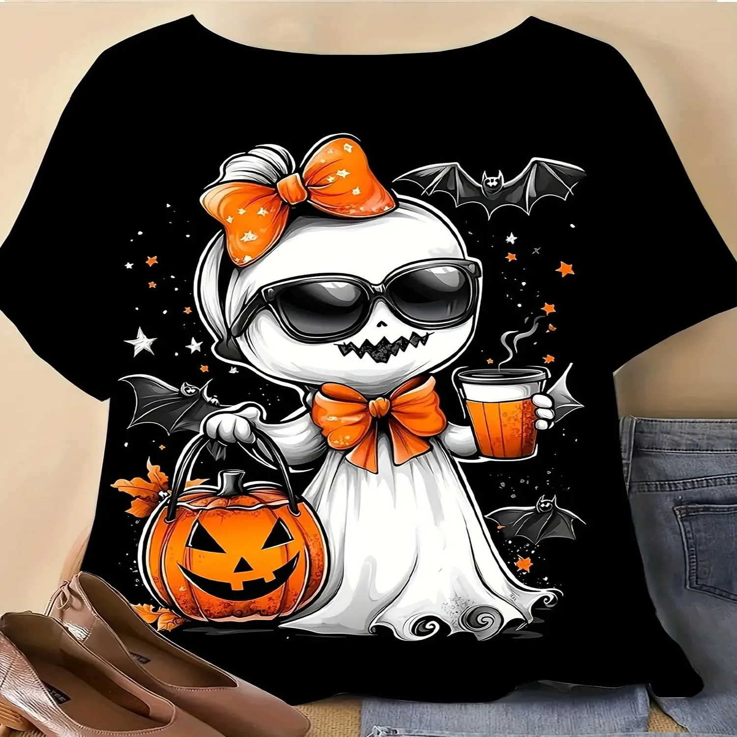 Men'S Loose-Fitting Halloween T-Shirt Featuring a Gothic And Bat Design in Black And Orange This Short-Sleeve Crew Neck Top Showcases a Full, Bats, Jack-O-Lanterns, And an Adorable Chibi Illustr Retro Graphic Shirt, Holiday Tshirt