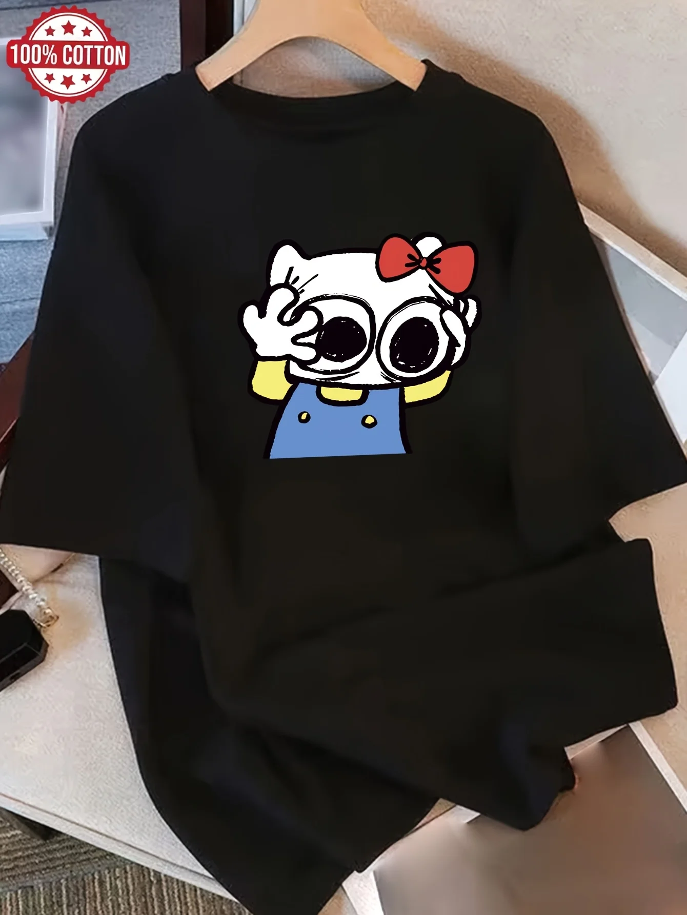 Ladies' Cute Head Hugging Kitten Pattern Printed T-shirt Comfortable Versatile Top Suitable for All Seasons Youthful Style