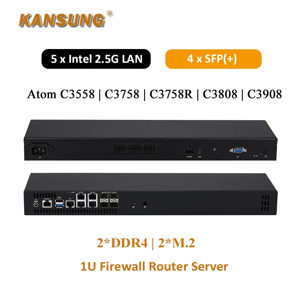 Servidor 1U para alojamiento en red, Intel Denverton Atom C3558 C3758R C3808 C3908, 4x10G SFP+, 5x2.5G LAN, Mini Router PC Firewall