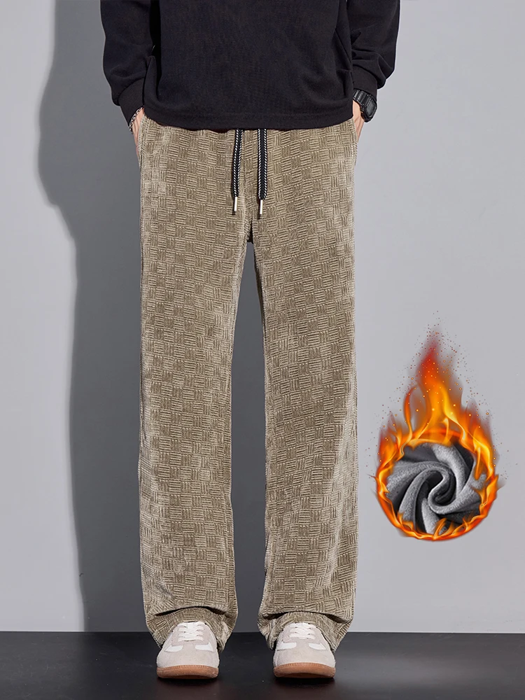 Men's Jacquard Fleece Pants Winter Fashion Straight Thickened Loose Velvet Sweatpants Male Casual Wide Elastic Waist Trousers