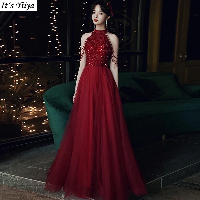 

It's yiiya Customized Evening Dress Wine Red Beads Sleeveless Halter Plus size A-line Floor-length Woman Formal Party Dress A273