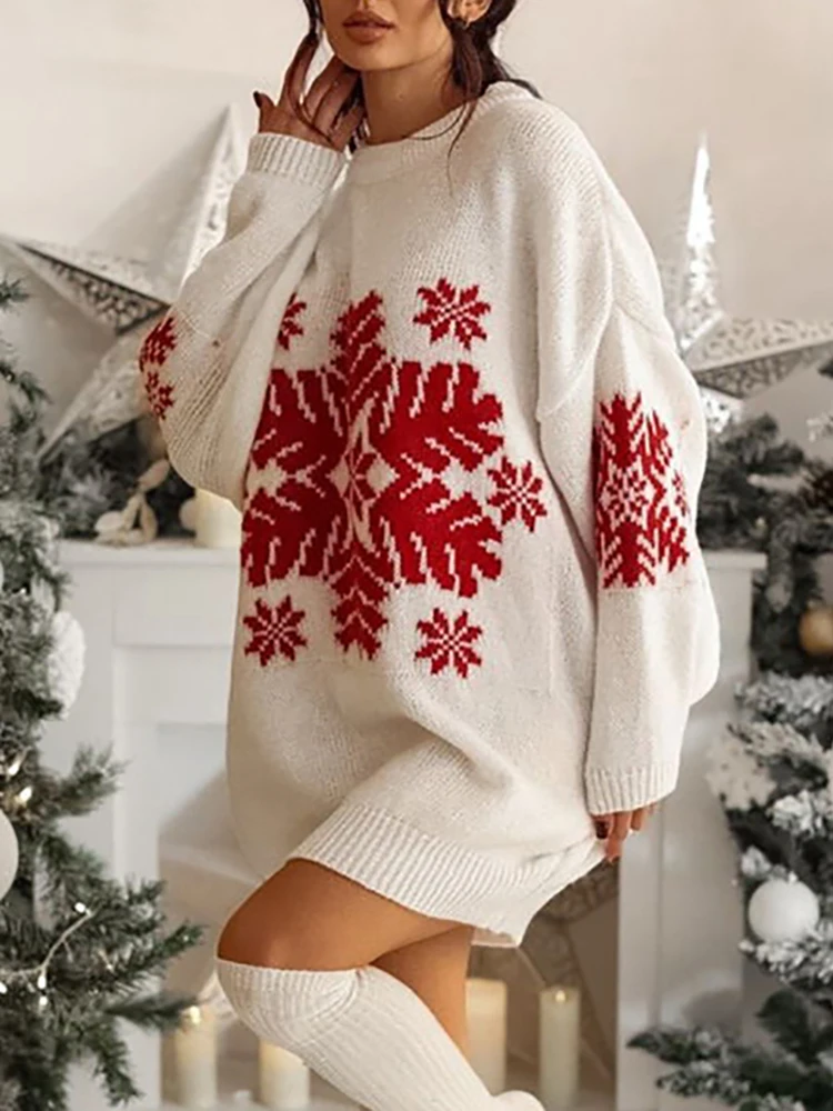 

Elegant Snowflake Long Sleeve Warm Sweater Pullover 2025 Winter New Christmas Sweater Women's Fashion O-neck Loose Knitted Top