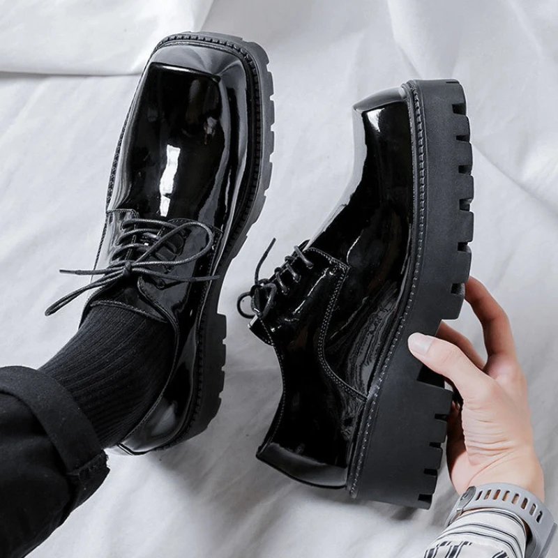

British Style Youth Man Business Casual Shoes Square-toed Thick-soled Lace Up Leather Shoes for Men Derby Shoes Black