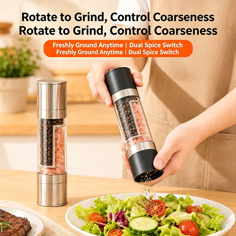 Salt and Pepper Grinder 2 in 1 Manual Stainless Steel Salt Pepper Mills with Adjustable Ceramic Grinding Spice Mill Kitchen Tool