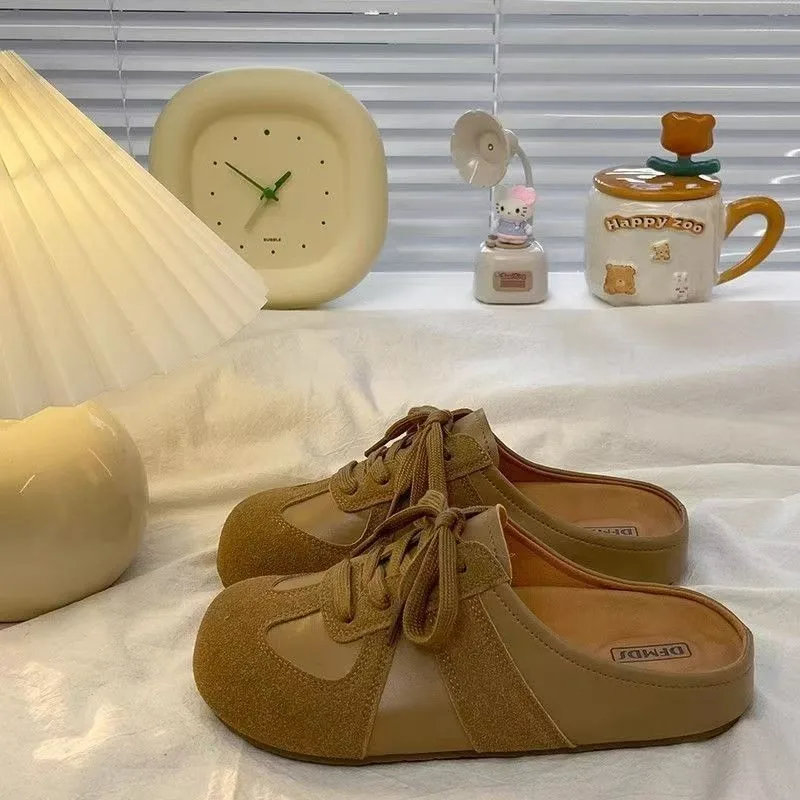 

Brown/khaki Womens Slippers with Close Toe Low Heel Anti Slip Wear-resistant Lace Up 2025 New Spring Outdoor PU Casual Slippers