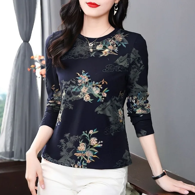 Women's Floral Print Long Sleeve T Shirt Autumn Plus Size Elegant Middle Aged Ladies Casual All Match Tops