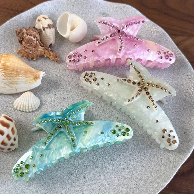 مشبك شعر مرصع بالألماس على شكل نجم البحر الملون مستوحى من المحيط قزحي الألوان، إكسسوار شعر أوبدو أنيق، قطعة شعر بسيطة #4