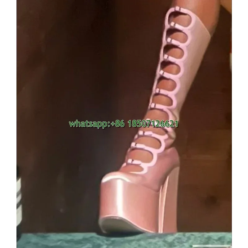 Women's Solid Color Satin Knee-High Boots Large Size with Buckle Strap Thick Heel And Platform Thick Soled Shoes
