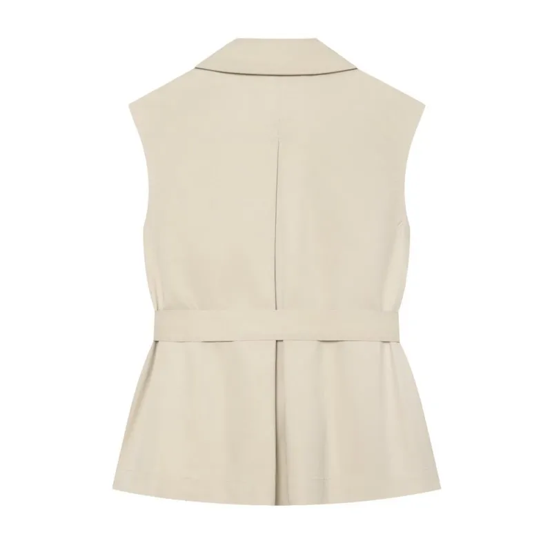 Women's Double-Breasted Waistcoat with Belt New 2026 Summer Regual-Collar Sleeveless Shoulder Tabs Woman Wasitcoat Female Top