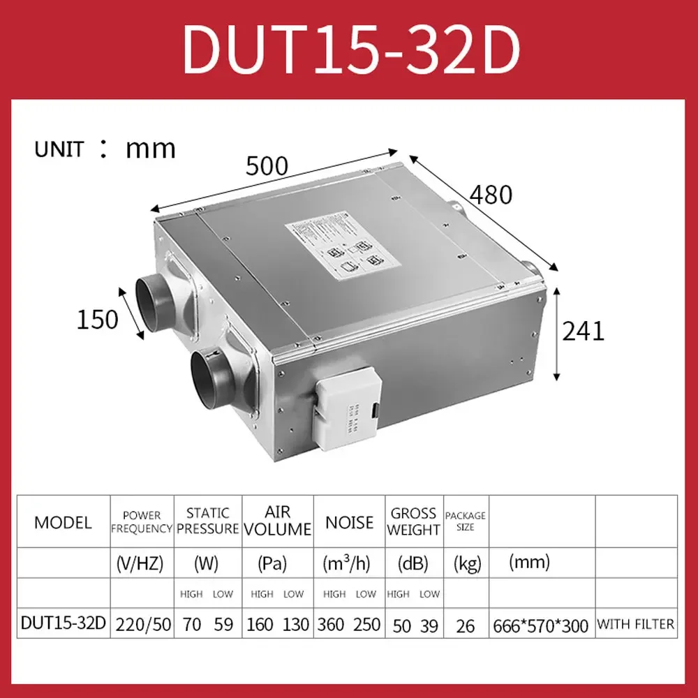 両面フローダクトファン、DUT10-24D、家庭用空気清浄機、商業換気、中央フレッシュマシン、180 m3h