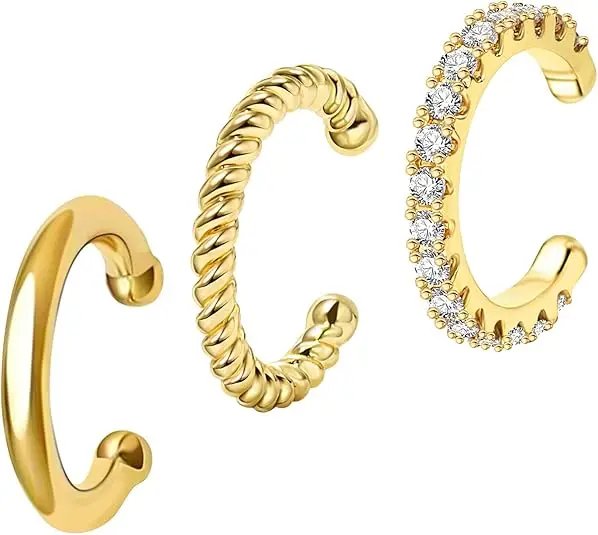 

3Pcs 14K Gold Plated CZ Ear Cuffs, Hypoallergenic Round Non Pierced Sparkling Cartilage Earrings