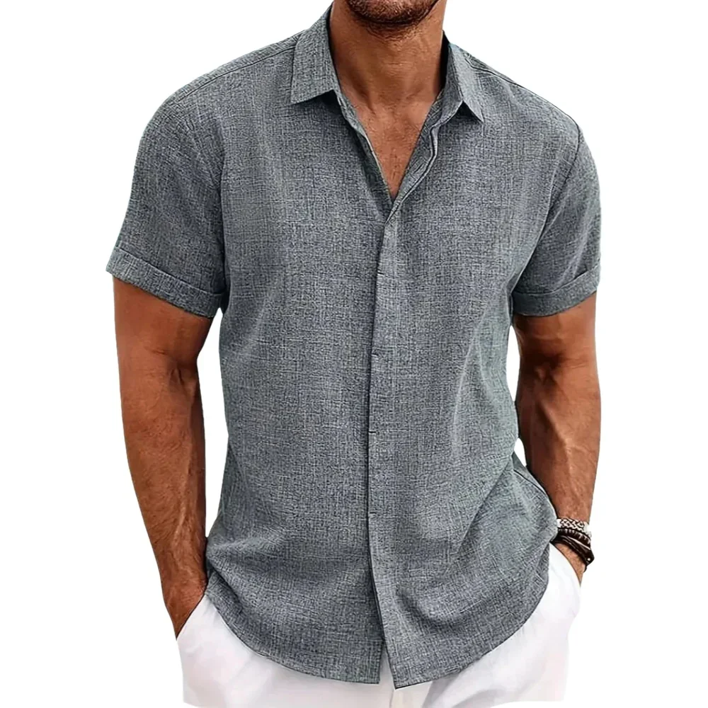 Summer explosive men\'s fashion casual loose cotton linen shirt trend beach large size men\'s short-sleeved shirt