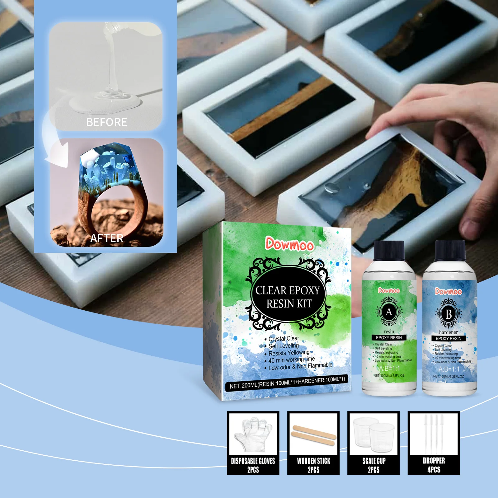 

1:1 Crystal Clear Epoxy Resin Kit High Gloss & Bubbles Free Art Resin Supplies for Coating and Casting Craft DIY Jewelry Making