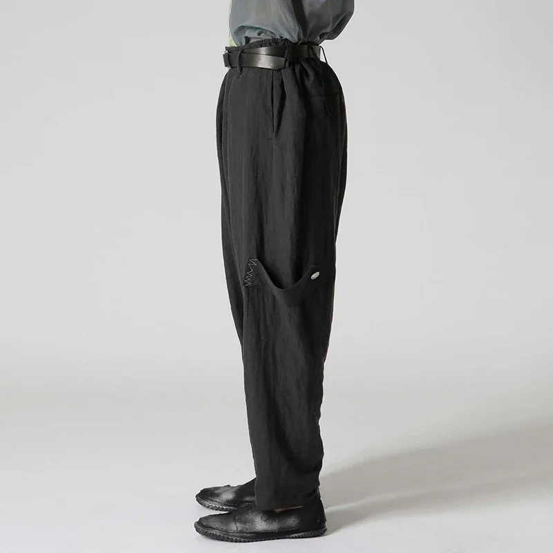 YOJI OOAK التصميم الأصلي الكتان تصميم غير متماثل منخفضة المنشعب السراويل عارضة رسم حبل الخصر خط مفتوح السراويل عارضة