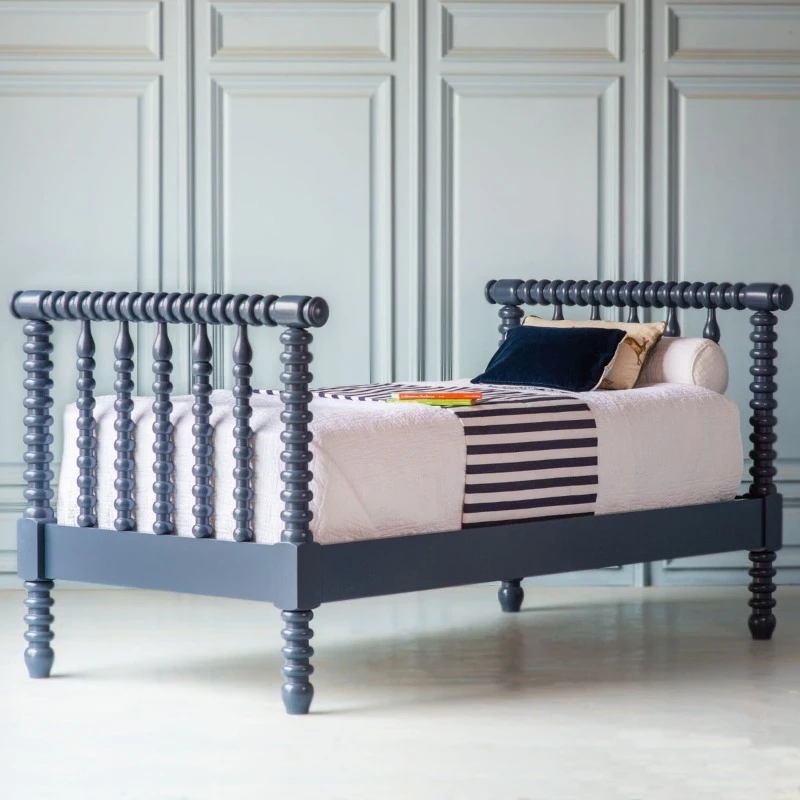 Dark blue beaded solid wood single bed Modern minimalist design Suitable for children's room