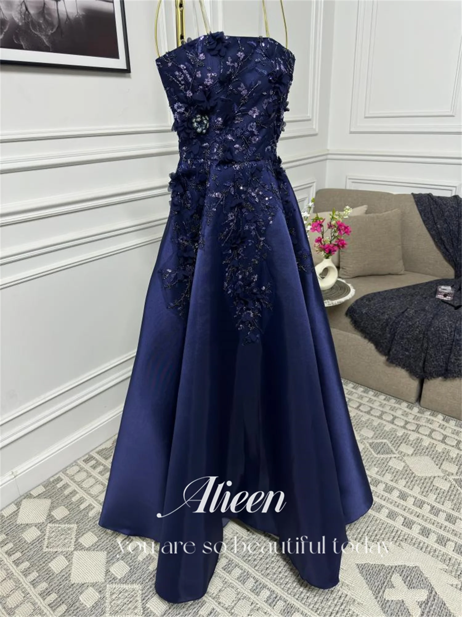 Aileen Customized Navy Blue 3D Flowers Chubby Elegant Party Dresses for Women 2024 Evening Woman Gala Prom Wedding Dress Luxury