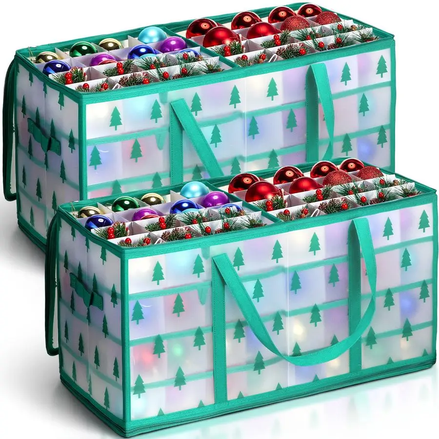 

2 Pcs Plastic Christmas Ornaments Storage Box with Dividers, Zippers, 8 Trays,128 Slots, Christmas Storage Containers Xmas Ornam