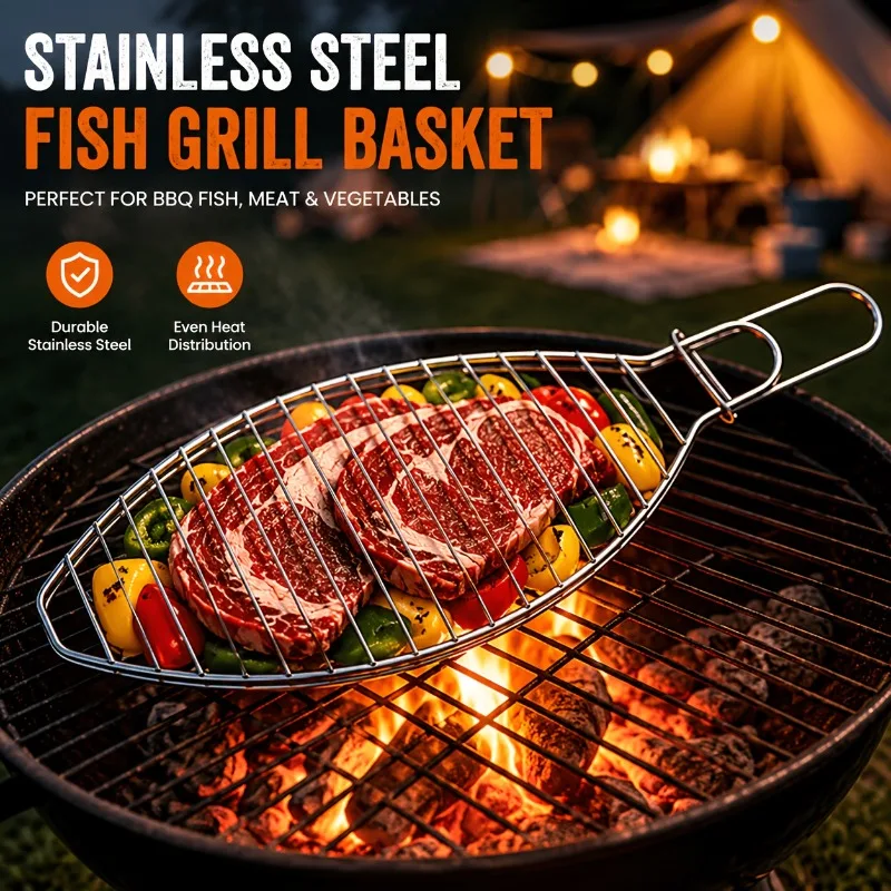 1/2Pcs Stainless Steel Fish Grill Clip, Rustproof BBQ Mesh Clamp, Portable Grilling Rack for Fish Meat,Outdoor Barbecue Tool