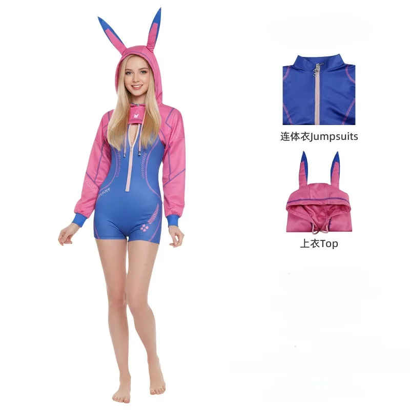 

Костюм кибер кролика, синий боди для косплея, розовый топ с капюшоном, полный комплект для женщин, наряды для выступлений на сцене, тематическая вечеринка