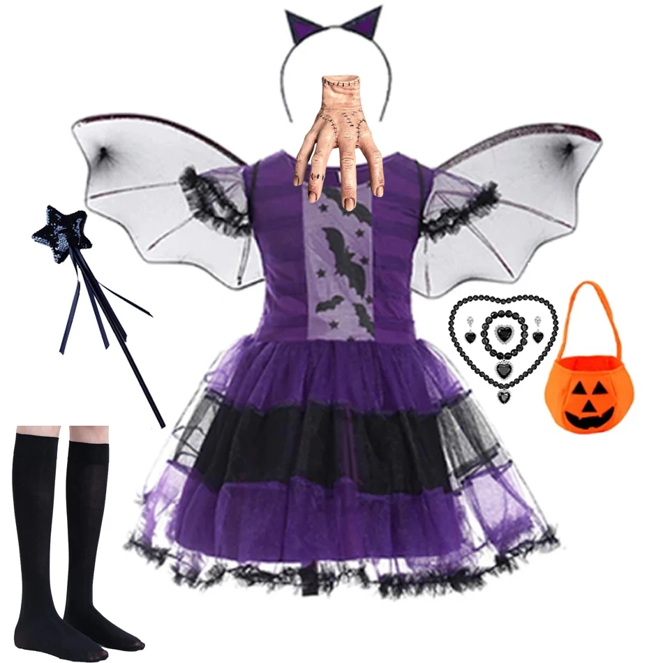 

Baby Girls Vampire Witch Party Dress Candy Bag Headband Wing Clothing Sets Cosplay Pumpkin Carnival Children Halloween Costume