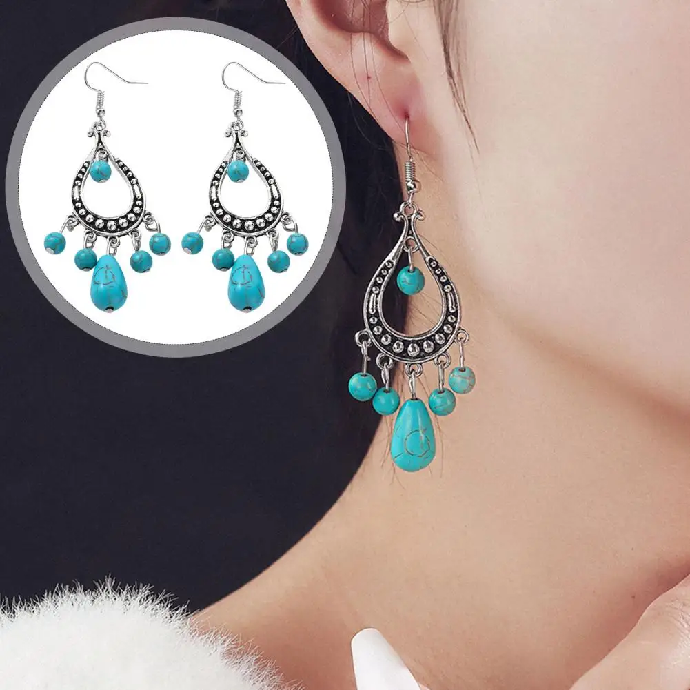 Chic Faux Turquoise Accessories Boho Chic Faux Turquoise Tassel Earrings Retro Style Lightweight Metal Plated for Europe